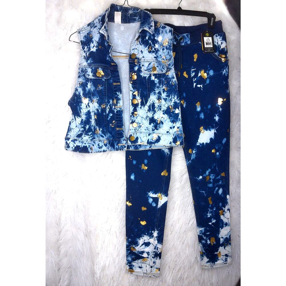 Zumba Fitness Rock N Rave Denim Set Blue Tie Dye Vest Splatter Pants 2 Pc Large